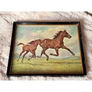 Vintage Elmore Brown Horse and Foal  Print Mid-Century Framed Equestrian Art